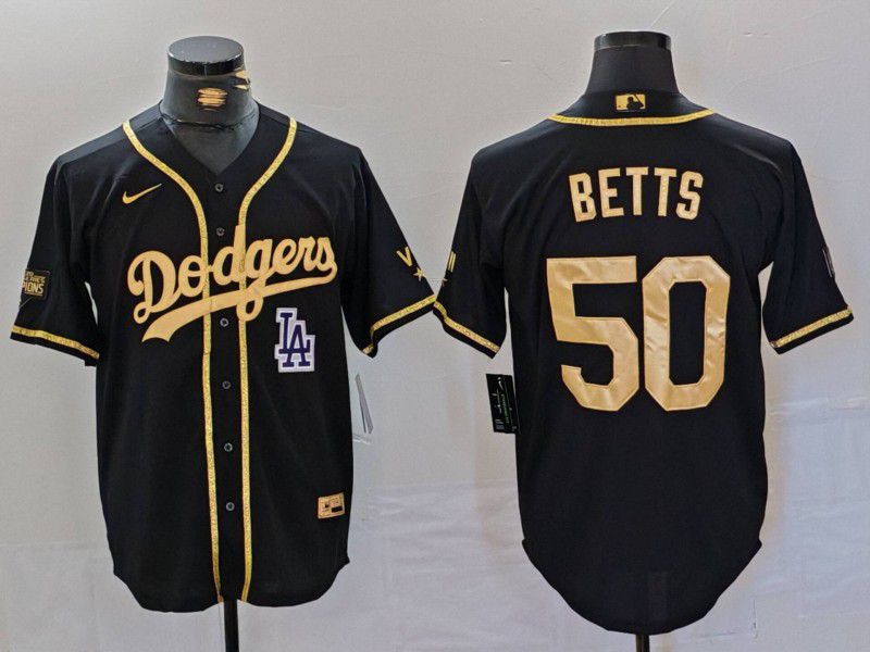 Men Los Angeles Dodgers 50 Betts Black gold Fashion Nike Game MLB Jersey style 7065
